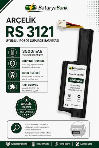 Arçelik Rs 3121 Uyumlu Robot Süpürge Bataryası 10.8v / 11.1v 3500mah Li-ion Şarj Edilebilir Yüksek Kapasiteli Pil