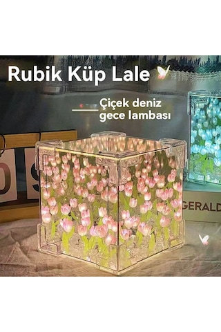 Çiçek Rubik Küp Lale Üç Boyutlu Gece Lambası