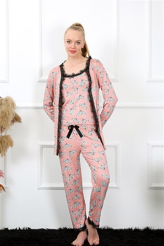 İbrahim Burak Etiler Collection Moda Çizgi Kadın 3'lü Somon Sabahlık Pijama Takım 16103