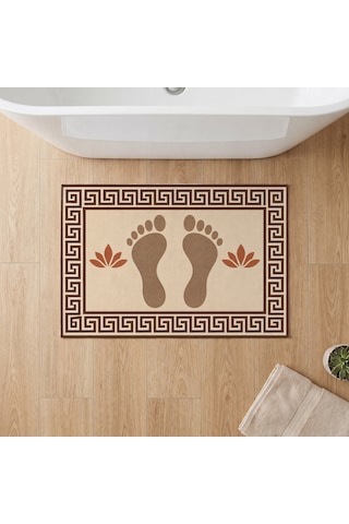 Kartela Halı Ayak İzi Desenli Banyo Paspası Bej Kaymaz Taban Makinede Yıkanabilir 60x90 Cm