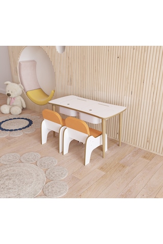 Fahrettin Küçük Montessori Çocuk Masası Oyun Masası Aktivite Masası Çalışma Masası - 2 Adet Puflu Sandalyeli Beyaz - Turuncu
