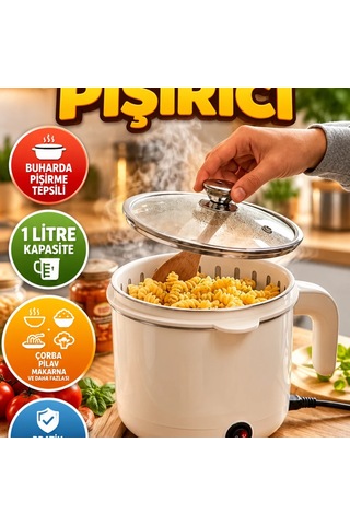 1 Litre Elektrikli Mini Pişirici Çorba, Pilav Ve Makarna İçin Buharda Pişirme Tepsili Renkli