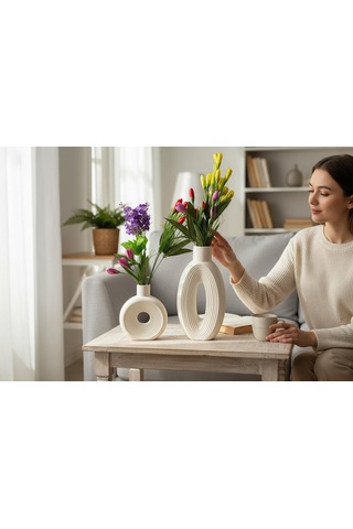 Yılbaşı Hediyelik 4'lü Dekor Seti Modern Seramik Vazolar & Mini Mum Hediyelik Seti Beyaz