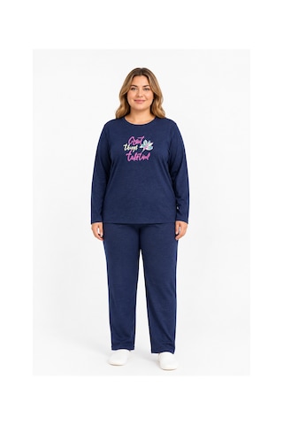 Sleeproom Büyük Beden Kadın Mevsimlik Great Things Desen Lacivert Pijama Takımı