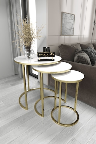 3'lü C Zigon Sehpa Gold Ayak Beyaz Ayna