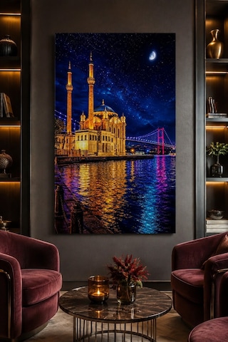 Ortaköy Camii Baskılı Cam Tablo Gece Boğaz Manzaralı Duvar Dekoru