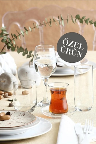 Lav Sude Cam Çeyiz Seti 30'lu (6 Çay Bardağı, 6 Çay Tabağı, 6 Kadeh, 6 Meşrubat , 6 Viski Bardağı)