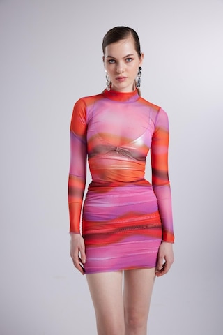 Holly Lolly Balıkçı Yaka Astarlı Mini Çok Renkli İkili Inferno Takım Pembe