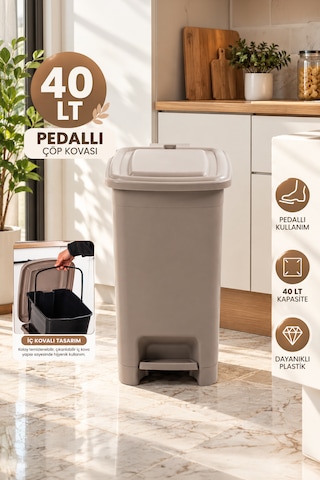 Porsima 1139 40 Lt İç Kovalı Pedallı Çöp Kovası - Slim Mutfak Ve Banyo Çöp Kovası Latte / Bej