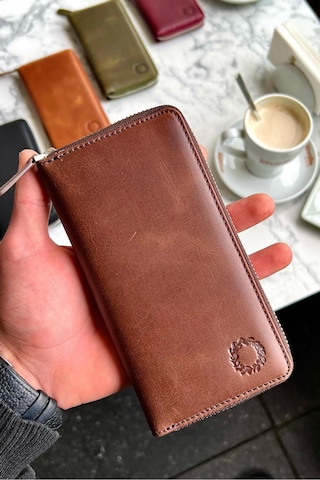 Leo Antik Kahve Unisex Hakiki Deri Telefon Bölmeli Cüzdan Kahverengi