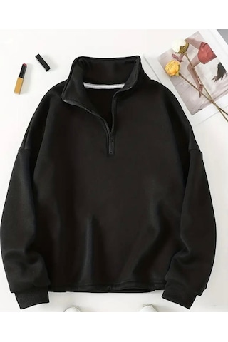 Hırsch Unisex Siyah Yarım Fermuarlı Oversize Sweatshirt SIYAH