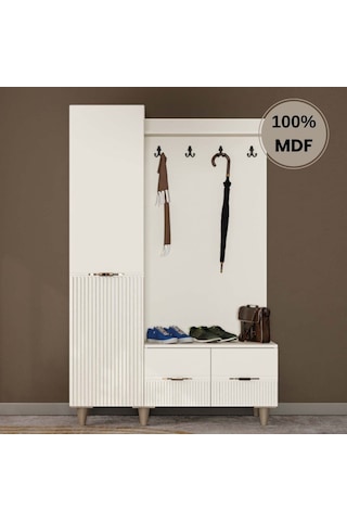 Menekşe Mdf Raflı Askılıklı Ayaklı Tasarım Portmanto Ayakkabılık Krem