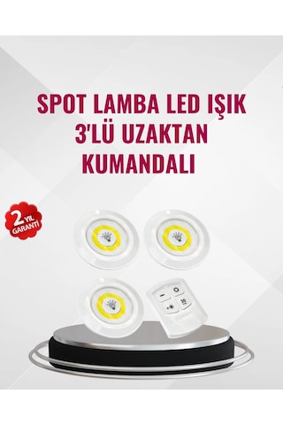 Mey İthalat 3 Lü Pilli Kablosuz Led Spot Lamba Seti Kumandalı Kolay Montaj Aydınlatma Beyaz