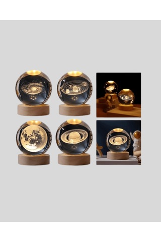 Satürn Desenli Kristal Küre Gece Lambası Ahşap Standlı Led Çok Renkli