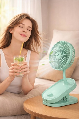 Waldern Masaüstü 360 Derece Döner Başlıklı Klipsli Portatif Fan Vantilatör Şarjlı Klipsli Mini El Fanı Açık Yeşil