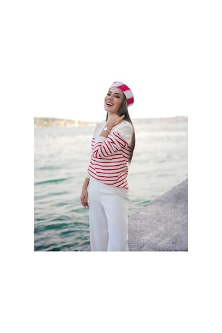 Styleboom X Peraluna Audrey Pullover Omzu Düğmeli Çizgili Organik Pamuk Mevsimlik Kadın Triko Kazak Ekru/kırmızı-ekru Ekru