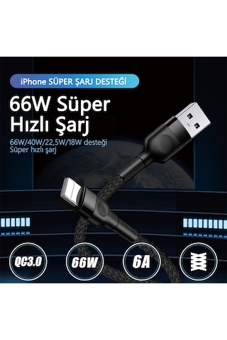 66w Süper Hızlı Şarj Kablosu 1 Metre Usb Apple Bağlantı 6a Akım Yüksek Yoğunluklu Dokuma apple 1m Black