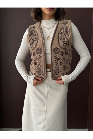 Verymoda Fitili Kadife Nakışlı Yelek Vmf2010 VİZON