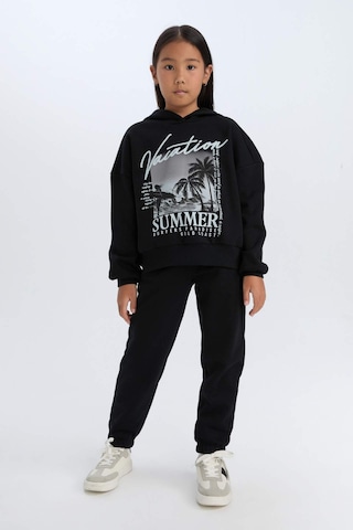 DeFacto Kız Çocuk 2'li Takım Kapüşonlu Baskılı Sweatshirt Beli Lastikli Jogger Alt D2219A824WNBK81 Siyah