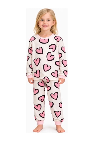Pembe Kalpler Kız Çocuk Pijama Takımı Beyaz