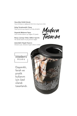 60 Litre Solara Yuvarlak Kirli Sepeti - Kapak Detaylı Banyo Düzenleyici Sepet Çamaşır Sepeti Siyah Siyah