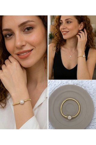 Premium Gold Renk Yuvarlak Model Parlak Taşlı 316l Detaylı Charm Bileklik - 18cm Uzunluk Altın