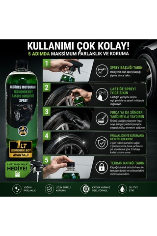 Akgüneş Motogaraj Lastik Parlatıcı Uv Korumalı, Kayma Yapmayan Profesyonel Lastik Bakım Ürünü 1 Lt
