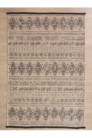 Bohem Tarz Dekoratif Pamuk Taban Şönil Kilim Bej Renk Halı Gri