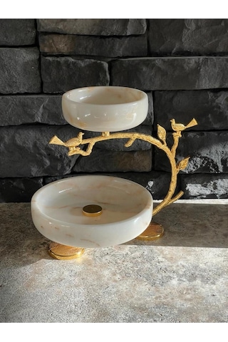 Mermer Dekoratif Gold Aksesuarlı Etajer 2 Katlı İkramlık / Sunum Beyaz