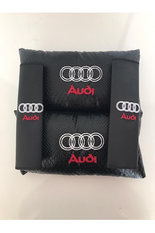 Audi Nakışlı Deri 1 Çift Boyun Yastık Ve 1 Çift Kemer Pedi Siyah