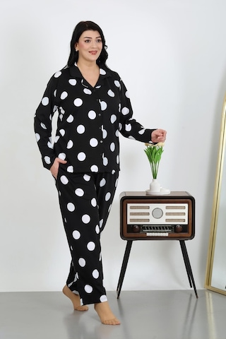 Akbeniz Kadın Büyük Beden Pamuklu Cepli Düğmeli Siyah Pijama Takım 202504 Siyah
