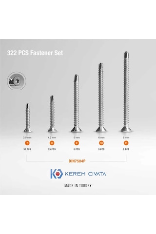 Kerem 322 Parça 13 Çeşit Matkap Uçlu Vida Seti 20 CM