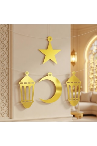 Ramazan Dekorasyon Süs Seti 4 Parça Gold Varaklı Asmalı Duvar Süsü