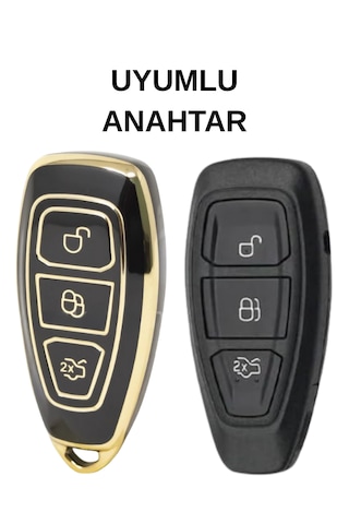 Ford Kuga Mondeo Smax Cmax Focus Fiesta Ecosport 3 Buton Nano Anahtar Kılıfı Siyah-gold