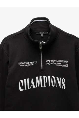 Koton Yarım Fermuarlı İşlemeli Uzun Kollu Sweatshirt Siyah 5sam70033mk Siyah