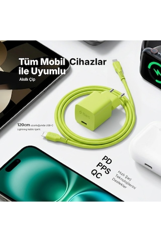 Smartcharger Gan 20w Pd Seyahat Hızlı Şarj Aleti + Usb-c - Lightning 120cm Kablo Neon Sarı