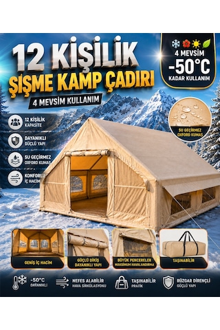 12 Kişilik Şişme Kamp Çadırı 4 Mevsim Deniz Çadır Oxford Kumaşlı Bej
