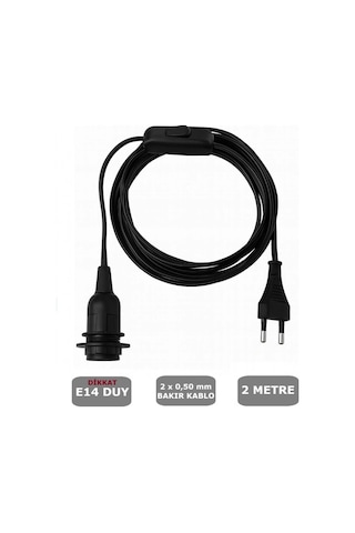 2 Metre Arapuarlı Aç Kapat Anahtar Fişli Abajur Lambader Duyu Seyyar E14 2x0,50 Siyah