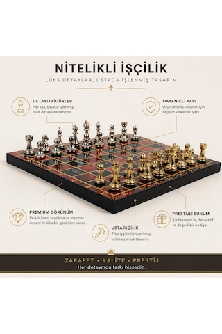 Lüks Metal Satranç Takımı Krom Figürlü 20x20 Cm Kırmızı Tahta Dekoratif Koleksiyon Hediye Seti Özel