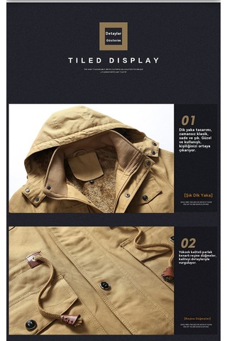 Orta Uzunlukta Pamuklu Dolgulu Ceket, Kalınlaştırılmış Pamuklu Dolgulu Ceket, Kürk Yaka, Sıcak Erkek Kışlık Polar Astarlı Ceket Siyah