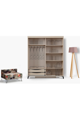 Pasifichome Huga Sürgülü Gardırop Meşe 150Cm / 2 Kapaklı Çekmeceli Dolap