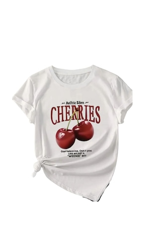 Elora Cherrıes Baskılı Beyaz Oversize Tişört Modern Ve Sofistike Tarz Günlük Rahat Kadın T-shirt Beyaz