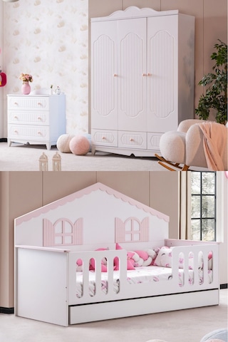 Poli Çocuk Odası Takımı, Poli Yavrulu Karyola, Flower 3 Kapaklı Dolap, Şifonyer - Pembe Renkli