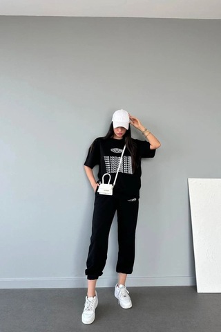 Couture Club T-shirt Eşofman Altı Jogger- Siyah Baskılı Alt Üst Eşofman Takım Oversize Bisiklet Yak Siyah