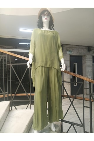 Bohem Stil İtalyan Yarasa Kol İpek Bluz & Pantolon Takım-8767 Yağ Yeşili