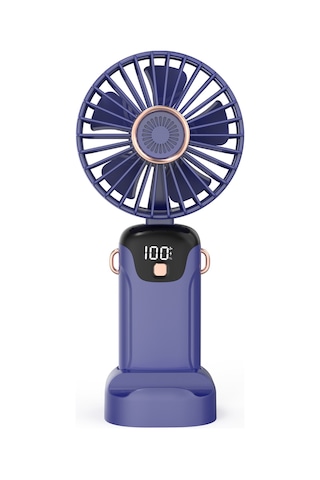 Hangfox Mavi Elden Taşınabilir Katlanabilir Fan - 5 Seviye Rüzgar, Led Ekran, Pil Göstergesi, Telefon Tutucu, Düşük Gürültü