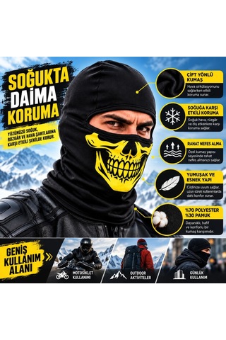 Trendexa Unisex Sarı Kurukafa Desenli Balaklava Kar Maskesi Siyah Tam Yüz Boyunluk Motosiklet Outdoor Maske Renk: Siyah Beden: Standart Adet: 1 Mac