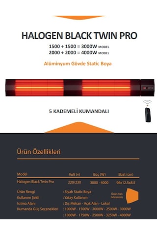 Ardonat Halogen Black Twin Pro Çifli 4000 W Kumandalı Cafe ve Teras Dış Mekan Isıtıcı