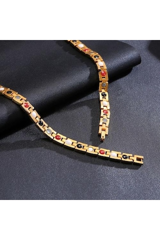 Manyetik Paslanmaz Çelik Zirkon Gerdanlık Kadın Erkek Altın Renk Sağlık Enerji Kolye Kadın Erkek Için Paslanmaz Çelik Zincir Güç Kolyeler Altın - Kırmızı