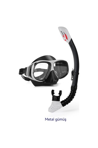Profesyonel Şnorkel İki Parçalı Silikon Tam Kuru Şnorkel Büyük Çerçeve Sis Geçirmez Dalış Gözlüğü Seti Gümüş